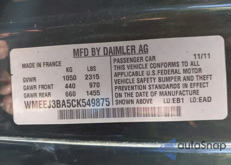 2012 Smart Fortwo Passion из США, поврежденный, VIN WMEEJ3BA5CK549875